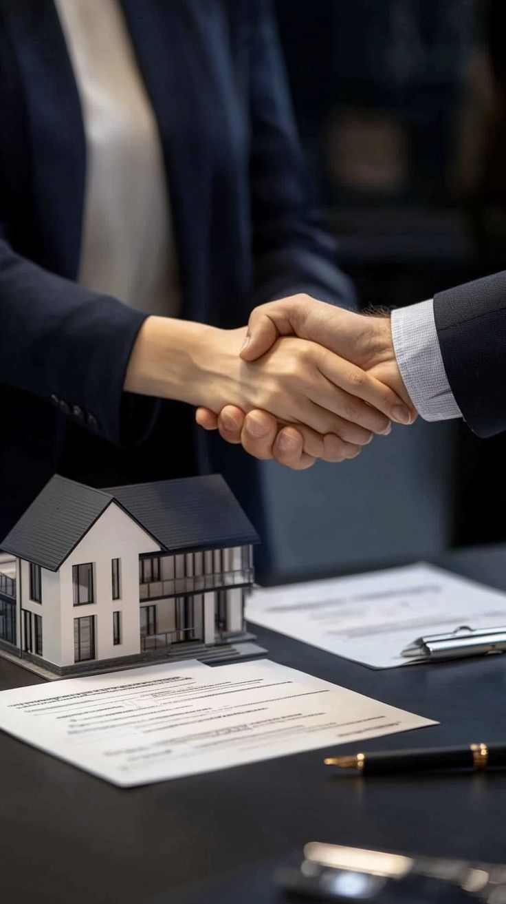 Apretón de manos sobre un contrato con una maqueta de casa, para la compra y venta de inmuebles